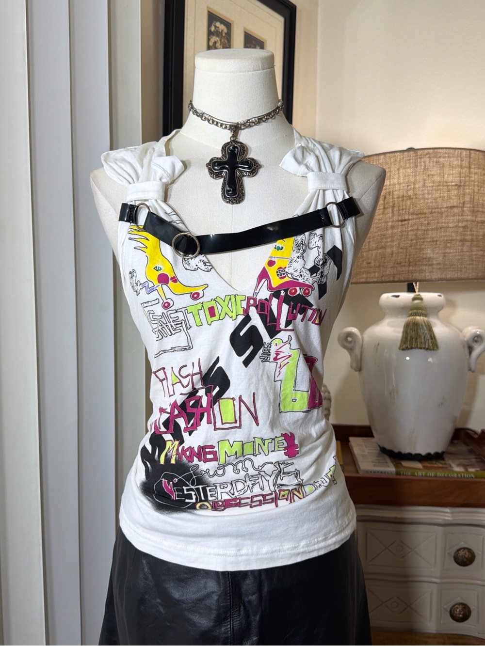 Miss Sixty White Graphic Tank with Black Harness Detail